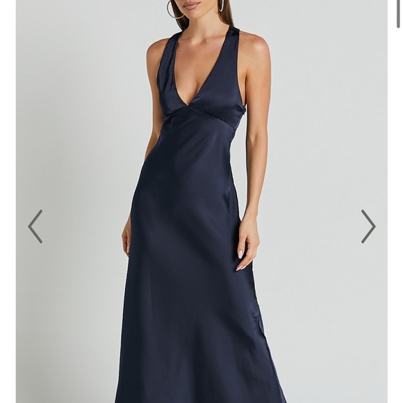 Navy Satin Dress - Khalani Midi - Picture 1 of 7